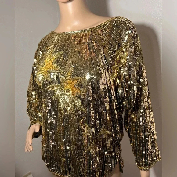 Golden Sequin Blinging Shining Long Sleeved Women’s Top Vintage 80’s Rare EUC - Picture 2 of 13